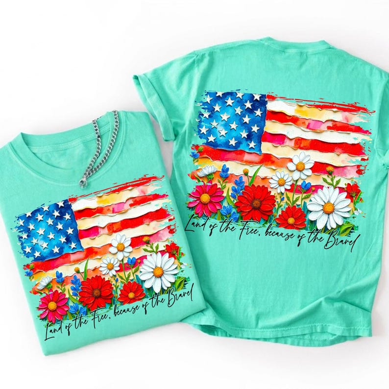 Image of Floral American Flag PNG Vintage Red Poppy USA Flag Sublimation Design Patriotic Botanical Watercolor Flower Flag DTF T-Shirt Clipart