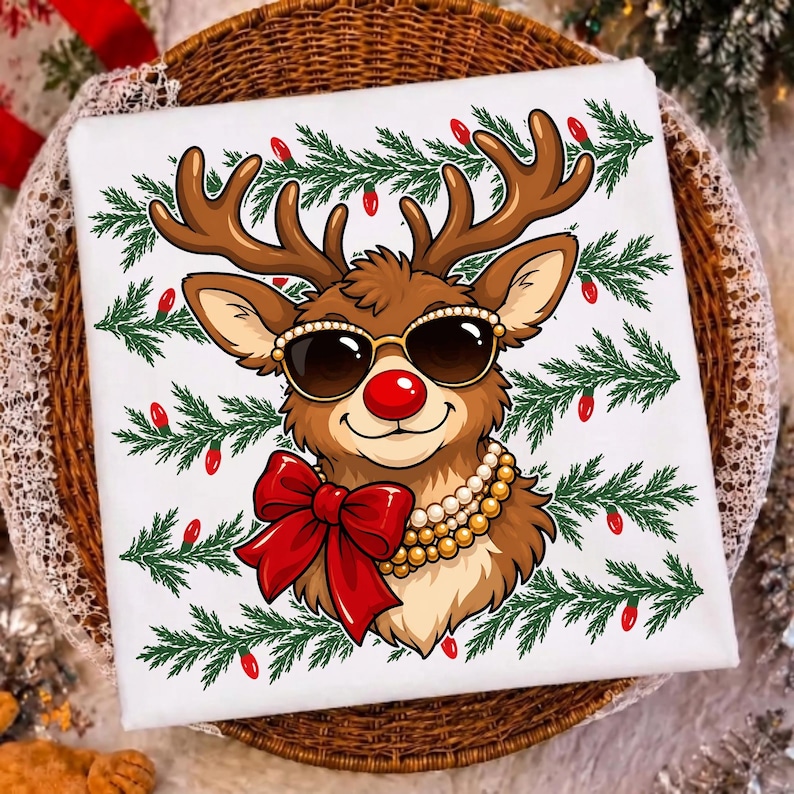 Image of Glam Reindeer Christmas PNG, Rhinestone Sunglasses Reindeer Sublimation, Trendy Holiday Shirt Design, Digital Download