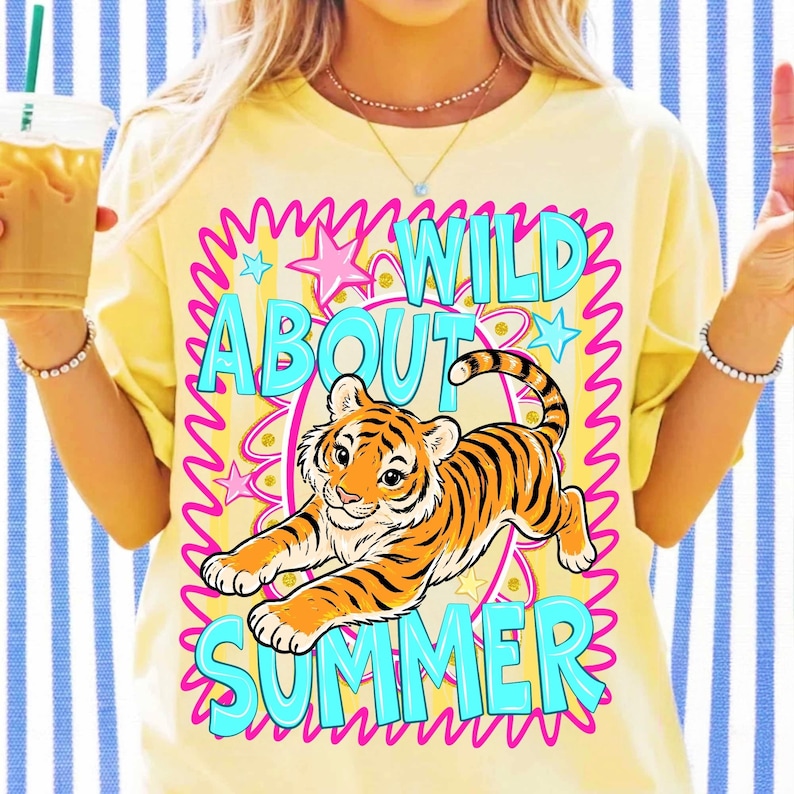 Mug mockup displaying vibrant 'Wild About Summer' safari animal design