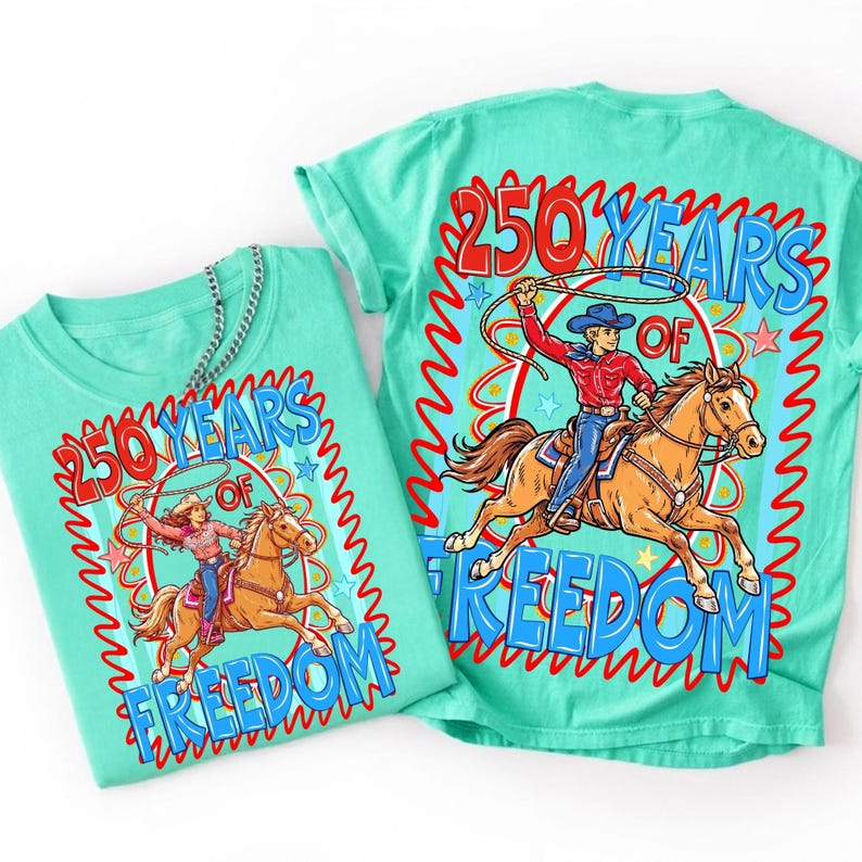Patriotic Rodeo Sublimation design showcasing 'America 250' with Western fonts and star-spangled banners.