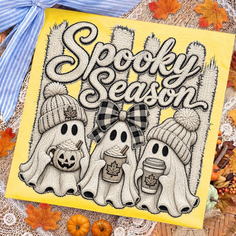 Image of Spooky Season Ghost PNG, Cozy Fall Ghost Sublimation, Halloween Coffee Shirt Design, Retro Autumn Digital Download