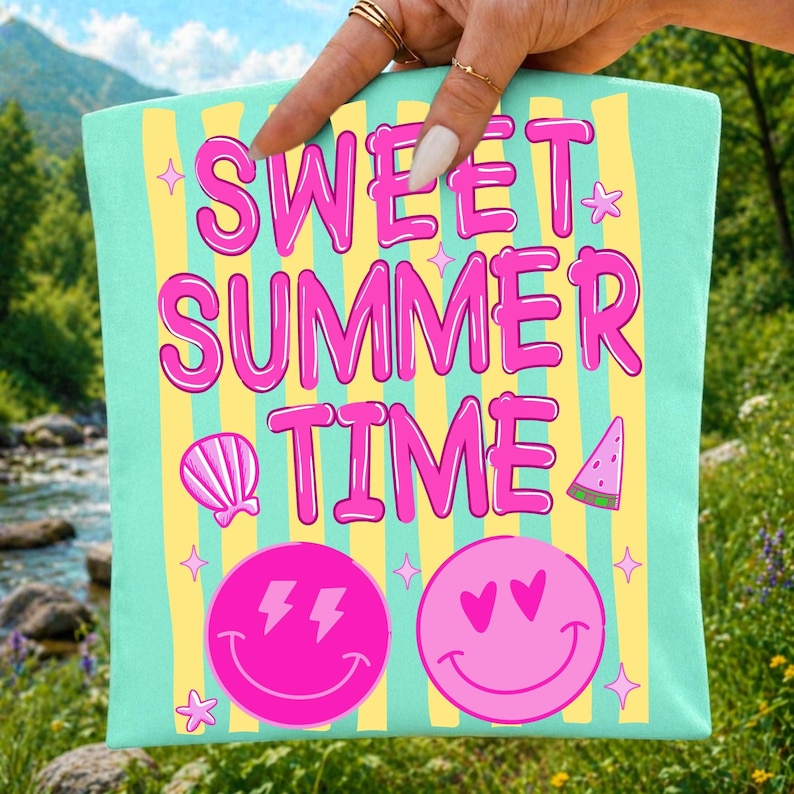 Retro pink smiley face PNG design on a t-shirt mock-up, showcasing its vibrant neon aesthetic for summer apparel.