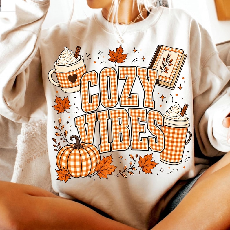 Image of Cozy Vibes PNG, Fall Coffee and Book Sublimation, Gingham Pumpkin Autumn Shirt Design, Pumpkin Spice Digital Download