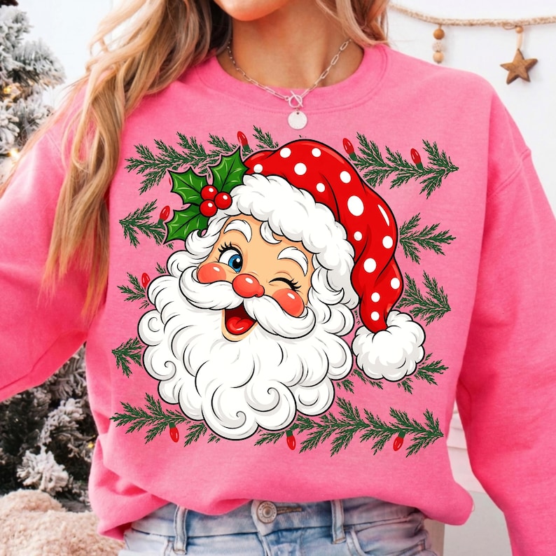 Image of Santa Christmas Polka Dots PNG, Retro Winking Santa Face, Trendy Holiday Sublimation Design, Aesthetic Distressed Xmas Digital Download