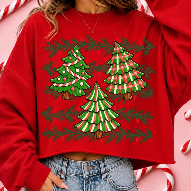 May include: A red long-sleeve sweatshirt featuring a graphic print of three stylized Christmas trees. The trees are decorated with red and white stripes, a green and red plaid pattern, and green and white stripes, set against a background of green pine branches.