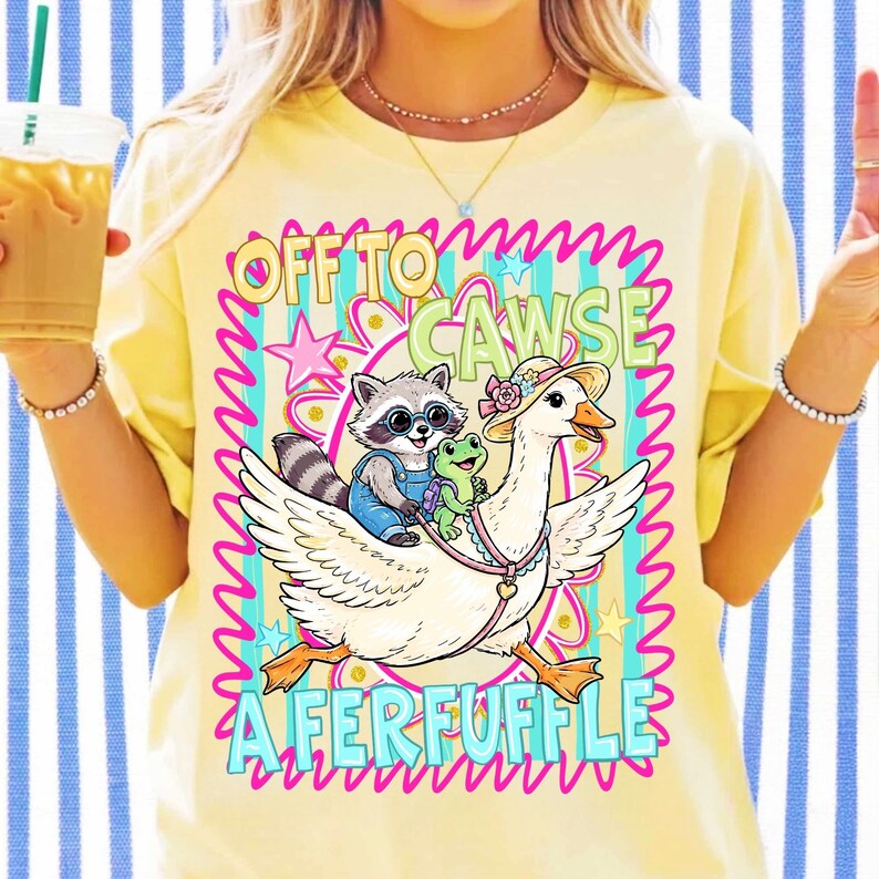 Examples of merchandise created with the Funny Animal PNG bundle, including shirts and mugs with retro animal designs.