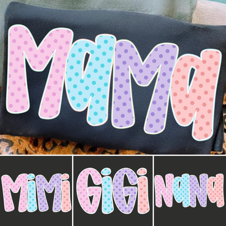 Puede incluir: Un coj&iacute;n negro con la palabra "Mama" en letras grandes y coloridas con lunares. Las letras son rosas, azules, moradas y melocot&oacute;n. Debajo hay tres im&aacute;genes m&aacute;s peque&ntilde;as con las palabras "Mimi", "Gigi" y "Nana" en estilos similares.