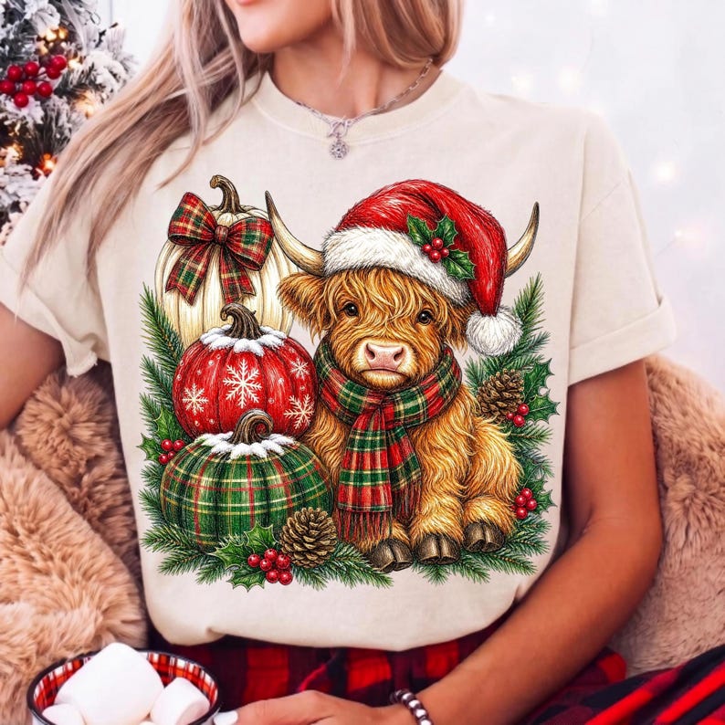 Image of Christmas Highland Cow PNG, Tartan Pumpkin Sublimation, Festive Cow Digital Download, Holiday Farmhouse PNG