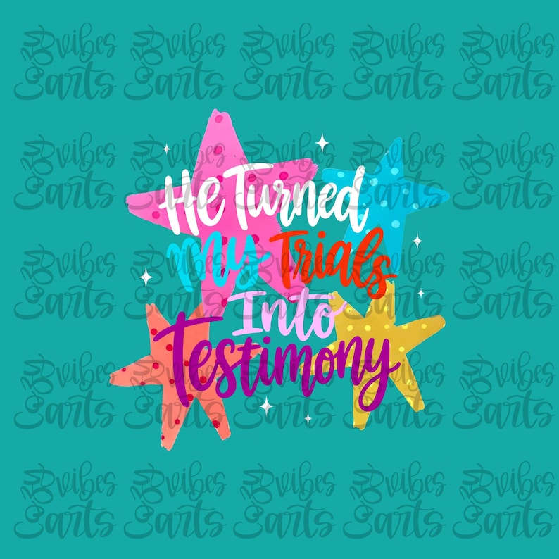 Versatile 'Trials to Testimony' Christian sublimation design showcased on a mug, t-shirt, and tote bag.