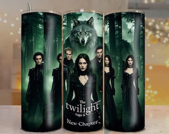 May include: A stainless steel tumbler featuring a dark green forest scene with characters from the Twilight Saga. The design includes a large wolf, several figures in black, and the text "The Twilight Saga 6 New Chapter."