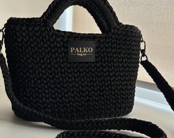 Handmade Black Crochet Crossbody Bag – Knit Shoulder Tote.