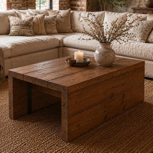 Può includere: Un tavolino rettangolare in legno marrone scuro, lungo circa 120 cm, è posto su un tappeto di iuta intrecciata. Sullo sfondo c'è un divano angolare beige. Un vaso con rami secchi e una candela accesa sono sul tavolo.