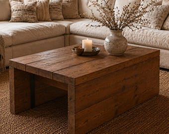 Handgemaakte massief houten salontafel. Modern, rustiek design voor de woonkamer. Kleur & maat aanpasbaar.