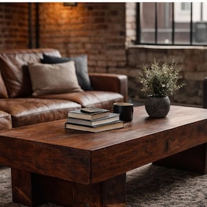 May include: A dark brown, rectangular wooden coffee table with a stack of books, a black mug, and a potted plant. The table sits in front of a brown leather sofa in a living room setting.