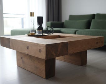 Handgemaakte massief houten salontafel. Modern, rustiek design voor de woonkamer. Kleur & maat aanpasbaar.