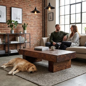 May include: A living room scene with a large, dark wooden coffee table, a beige sofa, and a brick wall. A golden retriever dog is sleeping on a gray rug. Two people are sitting on the sofa, and there are plants and books on a black metal shelf.