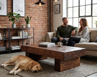 Handmade Solid Wood Coffee Table. Modern, Rustic Design for Living Room. Custom Color & Size.