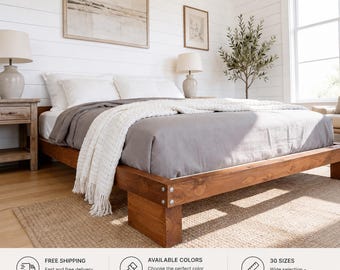 Estructura de cama de plataforma de madera maciza hecha a mano, muebles de dormitorio rústicos modernos, cama baja japonesa