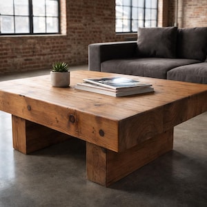 Table basse en bois massif faite à la main. Design rustique et moderne pour salon. Couleur et taille personnalisables.