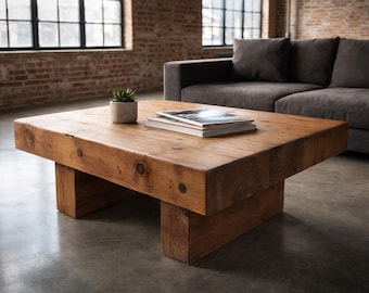 Tavolino da caffè in legno massello fatto a mano. Design rustico e moderno per soggiorno. Colore e dimensioni personalizzabili.