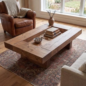 Könnte beinhalten: Ein großer, rechteckiger Couchtisch aus Holz mit einer vertieften Mitte. Der Tisch besteht aus dickem, massivem Holz mit natürlicher Oberfläche. Bücher, eine kleine Schüssel und eine Schere liegen auf der Tischoberfläche. Der Tisch steht auf einem gemusterten Teppich in einem Wohnzimmer.