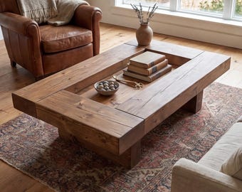 Table basse en bois massif faite à la main. Design rustique et moderne pour salon. Couleur et taille personnalisables.