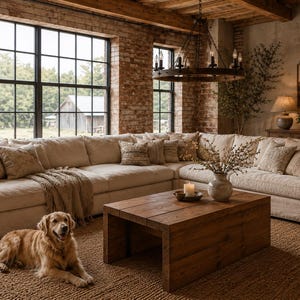 Könnte beinhalten: Ein großes, beiges Ecksofa mit Kissen und einer braunen Decke. Vor dem Sofa steht ein Holztisch mit einer Kerze und einer Blumenvase. Ein Golden Retriever liegt auf einem braunen Teppich. Rustikaler Wohnraum.