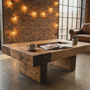 Table basse en bois massif faite à la main. Design rustique et moderne pour salon. Couleur et taille personnalisables.