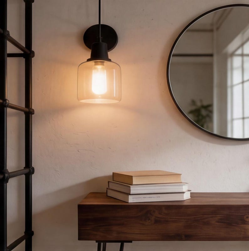 Puede incluir: Una l&aacute;mpara de pared negra con una pantalla de vidrio transparente emite un brillo c&aacute;lido y acogedor. Debajo, una mesa de madera oscura sostiene una pila de libros. Un espejo redondo con marco negro cuelga de la pared, reflejando la luz natural.