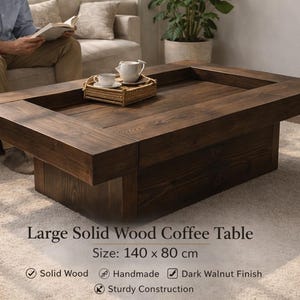 Tavolino da caffè in legno massello fatto a mano. Design rustico e moderno per soggiorno. Colore e dimensioni personalizzabili.