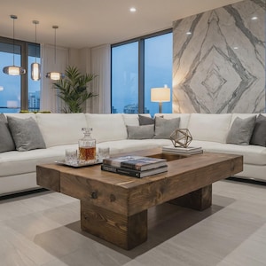 Könnte beinhalten: Modernes Wohnzimmer mit großem weißem Ecksofa, grauen Kissen und einem rustikalen Couchtisch aus Holz. Der Raum verfügt über große Fenster, Pendelleuchten und eine Akzentwand aus Marmor. Eine Karaffe und Bücher stehen auf dem Tisch.