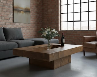 Handgemaakte massief houten salontafel. Modern, rustiek design voor de woonkamer. Kleur & maat aanpasbaar.