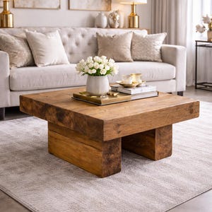 Könnte beinhalten: Ein niedriger, quadratischer Couchtisch aus dicken, recycelten braunen Holzplanken mit natürlicher Maserung. Der Tisch verfügt über einen stabilen, blockartigen Sockel und eine flache, breite Oberfläche, auf der eine weiße Vase mit Blumen steht.