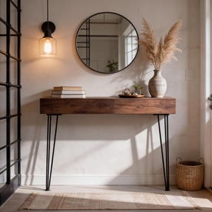 May include: A wooden console table with black hairpin legs, topped with books, a decorative tray, and a vase of dried pampas grass. A round black-framed mirror hangs above the table. A woven basket and a rug are on the floor.