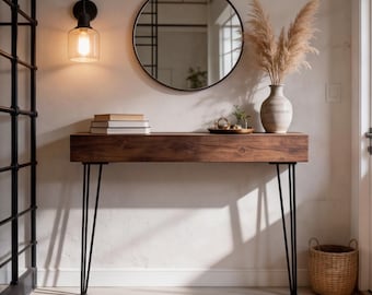Rustieke haltafel Omni consoletafel met zwarte 3-punts hairpinpoten, haltafel, radiatortafel, radiatorhoes.