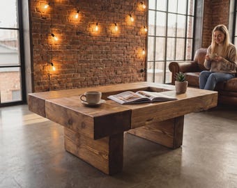 Handgemaakte massief houten salontafel. Modern, rustiek design voor de woonkamer. Kleur & maat aanpasbaar.
