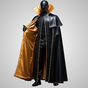 May include: A black cape with a gold satin lining and trim. The cape has a large gold collar and is worn with black gloves and trousers. The outfit is a costume or cosplay item.
