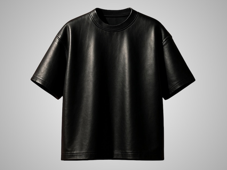 May include: A black leather t-shirt with a crew neck and short sleeves. The shirt has a smooth, matte finish and a relaxed fit. The garment is displayed against a neutral background.