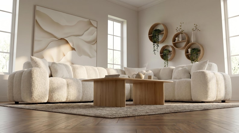 Gebogen bouclé sofa | Crème teddy-wolkenbank, modern woonkamermeubilair afbeelding 4
