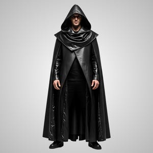 Dark Hooded Cloak: Gothic Faux Leather Cape, Cosplay Costume