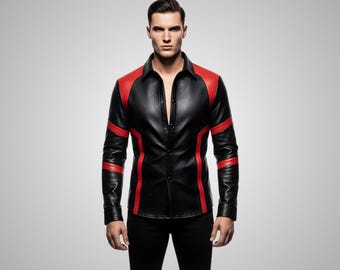 Men's Black & Red Leather Shirt - Stylish Casual Wear