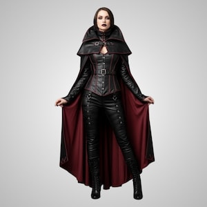 May include: A black leather outfit with red accents, featuring a cape with a burgundy lining. The ensemble includes a corset-style top, fitted pants, and a high-collared cape. The outfit is completed with black boots.