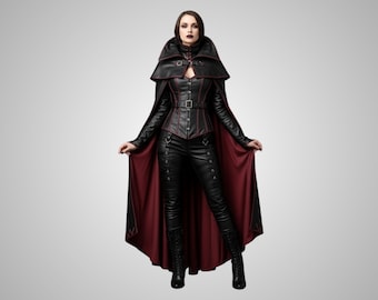 Fantasia de bruxa gótica de couro feita à mão: espartilho, capa e calça - Cosplay de feiticeira negra