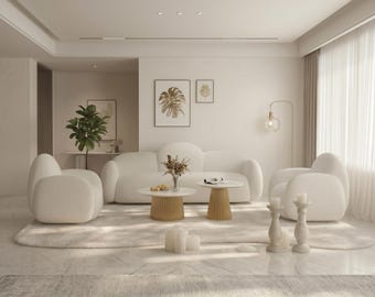 Conjunto de sofás de bouclé con forma de nube / Muebles modernos blancos para sala de estar (3 piezas)