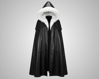 ブラックレザーケープ、フード付きウールマント、冬用セーターコート
