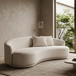 Curved Bouclé Sofa, Modern Ivory Cloud Couch, Luxury Crescent Sofa, Minimalist Living Room Seating