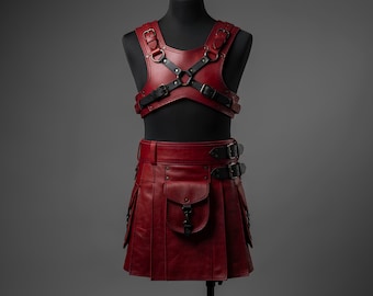 Red Leather Gladiator Kilt Harness Set | Warrior Festival Outfit