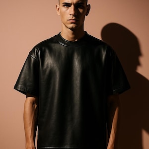 May include: A black leather t-shirt with short sleeves. The shirt has a crew neck and a slightly oversized fit. The model is wearing the shirt against a solid, light brown background.