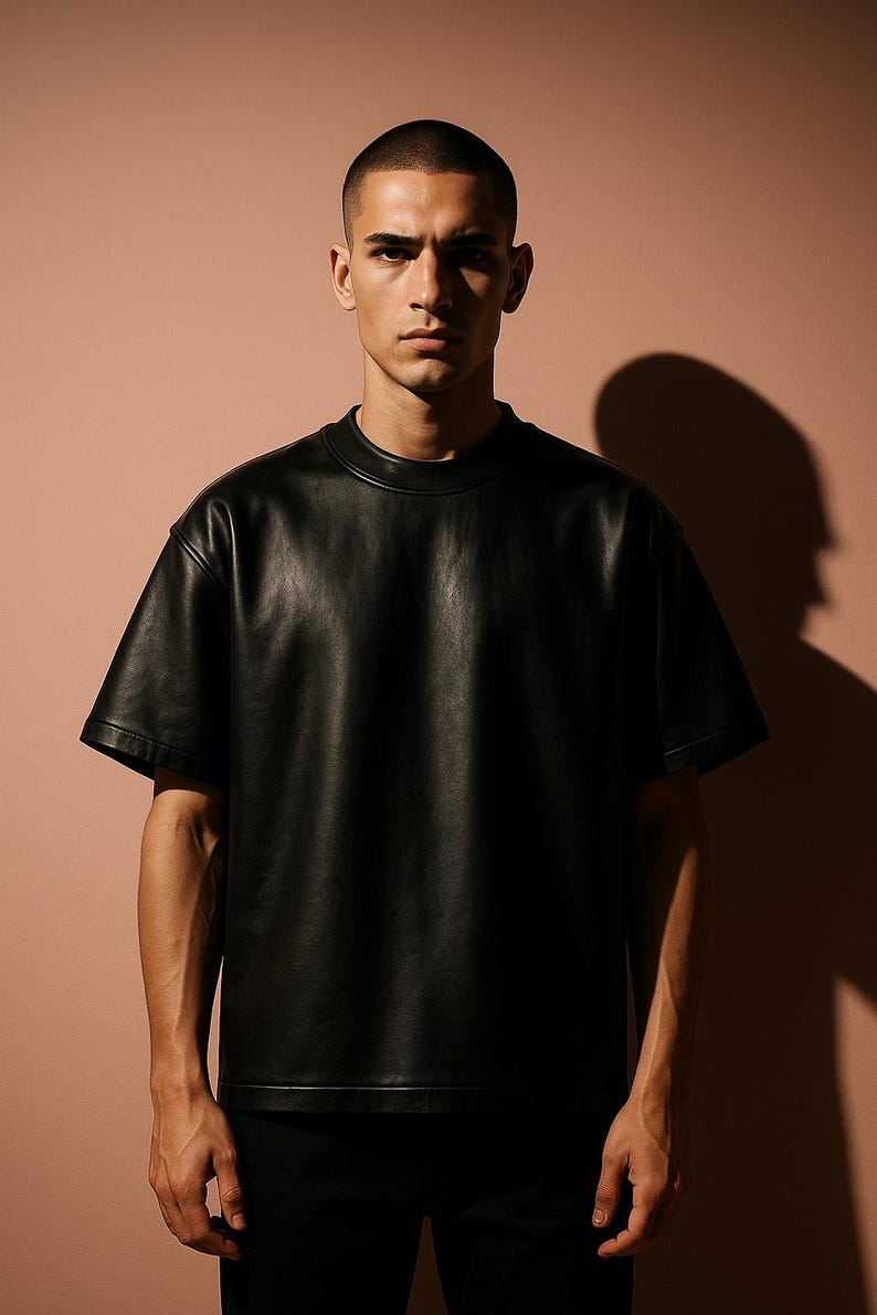 May include: A black leather t-shirt with short sleeves. The shirt has a crew neck and a slightly oversized fit. The model is wearing the shirt against a solid, light brown background.