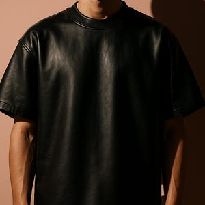 May include: Black leather t-shirt with short sleeves and a crew neck. The shirt has a smooth, slightly textured appearance. The image is set against a neutral background.